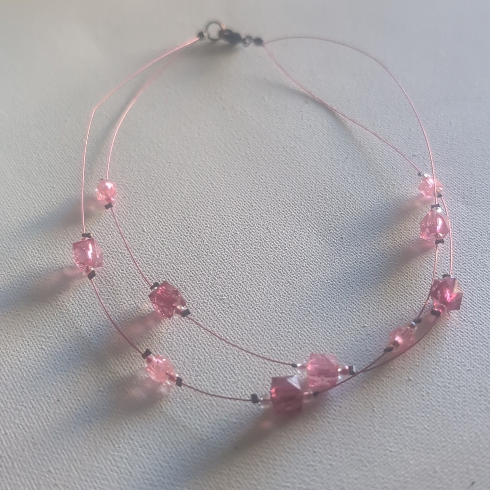 Vintage Multi Strand Pink Glass Beaded Necklace Station Choker Necklace
